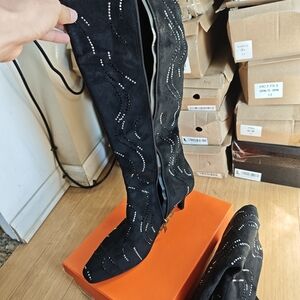 Black Suede Knee-High Boots with Rhinestone Detailing